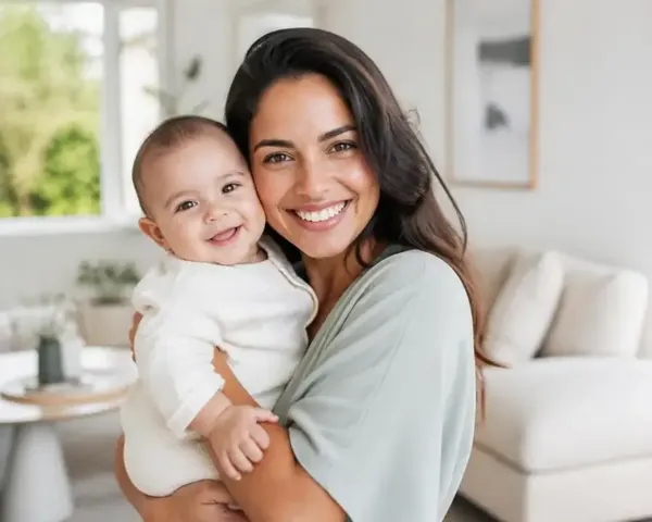 Mulher com bebê sorrindo, transmitindo tranquilidade
