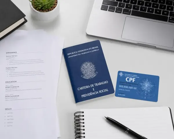 Mesa com documentos, carteira de trabalho, CPF, notebook e caneta