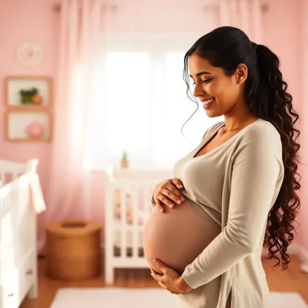 Mulher gestante feliz segurando a barriga em um quarto de bebê iluminado